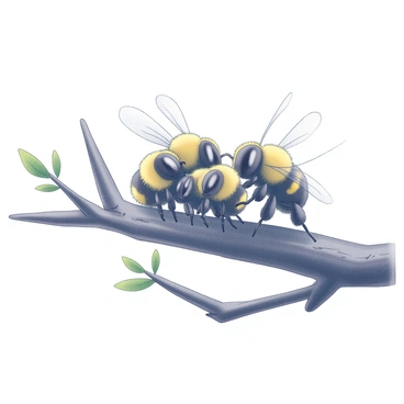 A close-up view of a tree branch with a family of carpenter bees gathered on it. The bees have round bodies with distinctive hairy yellow and black patterns. They are sitting closely together, showcasing their large eyes and fuzzy legs. The tree branch is textured with bark details, and it features small green leaves sprouting nearby. The background is blurred to focus on the bees, creating an intimate scene of nature and wildlife.