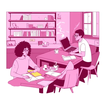 A pink coffee shop is filled with several illustrators sitting at wooden tables, each focused on their work. One illustrator, a woman with curly hair, is sketching on a yellow notepad, while another, a man with glasses, is using a laptop to digitize his drawings. A steaming cup of coffee sits next to the woman, and a plate of pastries is shared among the illustrators. The atmosphere is warm and inviting, with shelves of books lining the walls in the background. Sunlight streams through the windows, illuminating the creative scene.