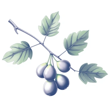 A fig tree branch is prominently displayed, featuring multiple ripe figs clustered along the stem. The figs are plump and have a distinctive texture, detailed with subtle lines representing the skin. The branch is adorned with large, lobed green leaves, showcasing intricate veins and varying shapes. The overall composition emphasizes the natural curves of the branch, while the figs hang gracefully, inviting a closer examination of their form.