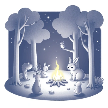 A forest glade surrounded by tall trees with thick trunks and dense foliage. In the center, there is a small campfire with flickering flames, creating a warm glow. Various animals are gathered around the campfire, including a deer sitting gracefully and a rabbit with perked ears attentively listening. A wise old owl is perched on a nearby branch, observing the scene. The ground is covered with patches of grass and scattered leaves. The night sky above is visible with twinkling stars. "Telling stories" is depicted through the expressions of the animals, showing their engagement and curiosity.