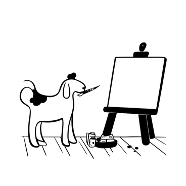 A dackel standing on a wooden floor with a paintbrush held in its mouth. Next to the dackel, there is a blank canvas set on an easel. The canvas is positioned upright, ready for painting. There are scattered paint tubes and a palette with various shapes around the base of the easel. In the background, there are splatters of paint on the floor, suggesting a recent creative endeavor.