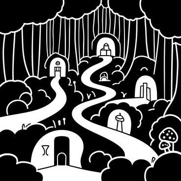 A dense forest filled with towering trees and thick foliage. Numerous glowing pathways meander through the forest floor, illuminating the surroundings with a soft light. Several portals are visible along the paths, each designed differently, showcasing different time periods with distinct architectural features or objects from those eras. Some portals are circular, while others are square, surrounded by vines and mushrooms that reflect the ethereal glow. The atmosphere is filled with a sense of wonder and mystery, inviting exploration.