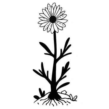 A detailed illustration of a cornflower plant, showcasing its anatomy. The plant features a sturdy green stem with several branching limbs. Numerous lanceolate leaves are attached to the stem, displaying serrated edges. At the top of the stem, a large, intricate flower blooms, characterized by its numerous petal-like structures arranged in a radial pattern. Each petal is pointed and has subtle texture details. Below the flower, the plant's root system is partially exposed, illustrating the fibrous roots that anchor it into the ground. Surrounding the cornflower are small elements like soil and a few scattered pebbles to provide context.