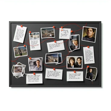 A detective's evidence board mounted on a wall, cluttered with various photographs, each pinned with pushpins. The photos feature different individuals and crime scenes, some overlapping in a chaotic arrangement. Red string connects several of the photos, creating a network that suggests ongoing investigations. Handwritten notes in different colors are scattered across the board, providing clues or observations, with some notes underlined for emphasis. The background of the board is a dark cork surface, and the setting conveys a sense of urgency and investigation.
