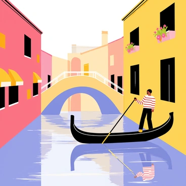 A gondola gliding through calm waters of a canal in Venice. The gondola is sleek and black, with a gondolier in traditional attire gracefully steering it. Colorful buildings with vibrant facades in shades of orange, pink, and yellow line the waterway. Flower boxes filled with blooming flowers hang from the windows of the buildings. Reflections of the buildings shimmer on the water's surface, creating an inviting atmosphere. A few small bridges arch over the canal, adding charm to the scene.