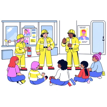 A group of firefighters wearing bright yellow uniforms is gathered in a Canadian community center. They are actively demonstrating various fire safety tips to a group of attentive children seated on the floor. The firefighters are equipped with helmets and are showing a fire extinguisher, explaining its use. In the background, there are colorful posters about fire safety on the walls. The children, a mix of boys and girls, display expressions of curiosity and excitement as they listen and engage with the demonstration. The community center has large windows letting in natural light, creating a welcoming atmosphere.