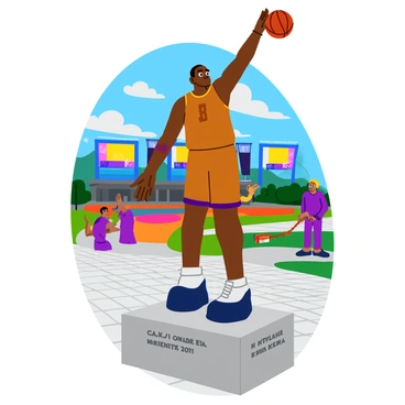 A bronze statue of "Kobe Bryant" stands in a heroic pose, with his right arm extended as if taking a jump shot. The statue showcases intricate details, such as the texture of the fabric on his jersey and the determination on his face. It is placed on a polished stone pedestal, which features inscriptions honoring his legacy. Surrounding the statue, the exterior of the arena is visible, with bright lights and banners celebrating his achievements, creating an inspiring atmosphere. The ground is paved with clean cobblestones, complementing the grandeur of the statue.