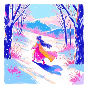 A character with nine flowing tails is walking through a snowy landscape. The snow covers the ground and branches of nearby trees, creating a winter scene. The character has a graceful stance, with her tails trailing elegantly behind her, swaying slightly as she moves. The snowflakes are gently falling from the sky, adding to the enchanting atmosphere of the setting. In the background, there are distant mountains and a soft winter sky. The character's clothing is vibrant and contrasts with the white snow, adding visual interest to the scene.