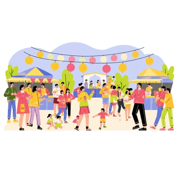 A lively village festival scene filled with colorful lanterns hanging overhead. Groups of people are dressed in vibrant traditional clothing, showcasing various patterns and styles. Some individuals are dancing joyfully while others are enjoying food from several stalls, which have bright banners and canopies. Children are running around, laughing and playing games, while a stage in the background features performers entertaining the crowd. The atmosphere is cheerful and festive, with a clear blue sky providing a lovely backdrop.