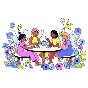 A group of fairies with delicate, translucent wings is seated around a small, round table made of twisted branches. The fairies are dressed in vibrant, flowing dresses that blend with the colors of the garden. The table is set with miniature tea cups and a teapot, adorned with floral patterns. Surrounding the table are various flowers in full bloom, providing a colorful backdrop to the scene. The fairies are smiling and laughing, enjoying their tea amidst the lush garden foliage. Sunlight filters through the leaves, casting gentle shadows around them.