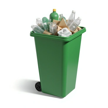 A recycling bin made of green plastic, designed with a rectangular shape and a wide opening at the top. The bin is overflowing with various plastic bottles of different sizes and shapes, some clear and some colored, alongside crumpled pieces of paper and cardboard. The contents are tightly packed, spilling slightly over the edges. Sunlight casts soft shadows on the ground around the bin, highlighting the textures of the materials.