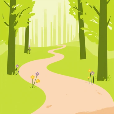 A winding path made of brown dirt curves through a dense forest filled with tall, green trees. The leaves above create a canopy that allows dappled sunlight to filter through, casting soft patches of light on the ground. Small wildflowers in various colors, such as yellow and purple, peek out from the sides of the path, adding vibrancy to the scene. A few fallen leaves and twigs are scattered along the trail, enhancing the natural, earthy feel of the environment.