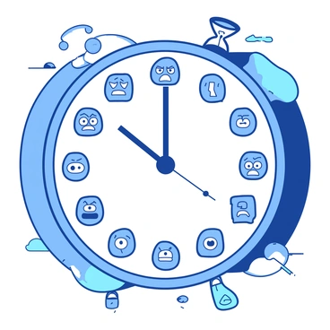 A large round clock features "anxious faces" in place of numbers, expressing various emotions of worry and urgency. The clock's hands are positioned just before midnight, indicating a sense of impending conclusion. Surrounding the clock, there are faint outlines of time-related symbols, like hourglasses and alarm bells, subtly incorporated into the design. The background is filled with a gradient that emphasizes the tension of time slipping away. Each anxious face is unique, with wide eyes and furrowed brows, reflecting the feeling of time running out.