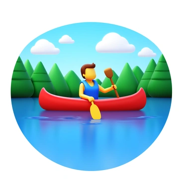 A person in a bright red canoe paddling across a tranquil lake. The lake surface reflects the blue sky and fluffy white clouds above. Lush green trees surround the lake, creating a natural border. The person is wearing a blue life jacket and has a focused expression while maneuvering the paddle. Gentle ripples radiate from the canoe, adding movement to the calm water.