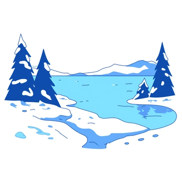 A blue snowy landscape stretches out under a pale sky. A frozen lake reflects the color of the sky, and its surface is smooth and glistening. Surrounding the lake, tall snow-covered pine trees stand majestically, their branches heavily laden with white snow. In the foreground, the ground is blanketed in thick layers of untouched snow, with gentle mounds and small footprints leading towards the lake. The overall scene conveys a sense of winter tranquility.