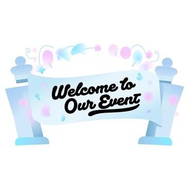 A large banner is hanging across the entrance of an event venue. The banner is adorned with various colorful and friendly designs, including cheerful shapes and vibrant patterns. Above the banner, there are decorative elements like balloons in pastel colors, creating a festive atmosphere. The scene is filled with soft gradient hues blending into one another, enhancing the warm, inviting feel of the entrance. The words "Welcome to Our Event" are prominently displayed in the center of the banner, surrounded by playful motifs that add to the overall friendly ambiance.