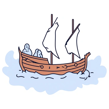 An ancient wooden ship with tattered sails is navigating through a misty sea. The ship's hull is detailed with intricate carvings of mythical creatures. On deck, several ghostly figures of sailors are visible, their translucent forms barely outlined against the fog. The sea appears to swirl with a light gray color, reflecting the ethereal presence of the sailors. The atmosphere is thick with mist, creating an otherworldly appearance surrounding the ship.