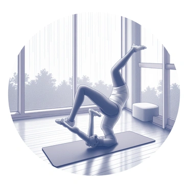 A person is practicing Pilates on a mat placed on a wooden floor indoors. The individual is in a focused pose, showcasing strength and balance. In the background, a large window allows rain to visibly tap against the glass, creating a rhythmic sound. The scene captures the interior of a spacious room, with natural light filtering through the rain-streaked window, highlighting the person's determined expression. There are minimal furnishings around, emphasizing the serene atmosphere of the workout space.