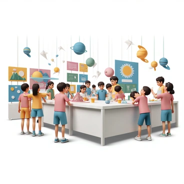 A large exhibition hall filled with children engaged in various interactive science experiments. There are colorful displays featuring bright posters of the solar system, dinosaurs, and the human body. Children are gathered around a large table where a girl in a blue shirt and shorts is conducting a volcano experiment, while a boy in a red T-shirt observes with excitement. Nearby, another group of children is trying out a microscope, peering into it with curious expressions. The space is decorated with hanging models of planets and kites in vibrant colors, creating a lively and educational atmosphere.