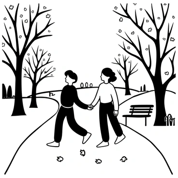 A couple walking hand in hand along a path in a park. They are surrounded by trees shedding their leaves, which are falling gently to the ground. The ground is covered with a layer of leaves, creating a textured carpet beneath their feet. In the background, various types of trees showcase intricate branches, while a few benches can be seen along the path. The scene captures the essence of autumn with its natural elements and the couple's connection.
