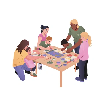 A group of three volunteers interacting with children in an after-school program focused on arts and crafts. One volunteer, a woman with curly brown hair wearing a yellow shirt and blue jeans, is kneeling beside a young girl with light skin and brown hair, who is painting a colorful picture. Another volunteer, a man with short black hair in a green T-shirt, is assisting a boy with medium skin and curly hair, helping him cut out shapes from colored paper. The third volunteer, a woman with long blonde hair in a ponytail, stands nearby assisting a child with dark skin who is gluing materials onto a project. The table is filled with various art supplies like paints, brushes, colored paper, and scissors, creating a vibrant and creative atmosphere.