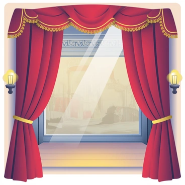 Heavy velvet curtains in a rich burgundy color are draped gracefully at the sides of a grand stage in an old theater. The curtains have intricate gold embroidery along the edges, catching the light. The stage is made of polished wooden boards, and the backdrop is a faded mural depicting a classic theatrical scene. Soft, warm light spills from ornate sconces mounted on the walls, illuminating the curtains and stage area. In the background, there is an ornate proscenium arch with detailed carvings.