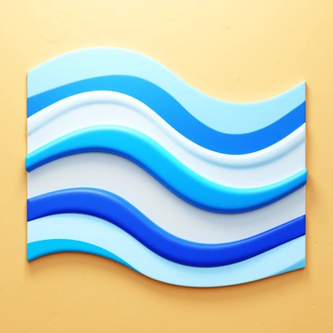 A series of wavy lines in varying shades of blue and white. The lines are arranged to create a rhythmic geometric pattern on a sandy beach. The background features a gentle gradient of sand, transitioning from light beige to golden tones. The texture of the sand is detailed, with small grains visible. The wavy lines have a glossy finish, reflecting light as if they are wet, creating a striking contrast with the matte sand.