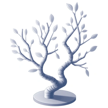 A pokal made of interwoven branches and leaves, intricately crafted to showcase a celebration of nature. The branches form a circular base that supports the design, rising elegantly to create a sculptural effect. Leaves are artistically integrated throughout the structure, with various shapes and sizes adding texture and depth. The overall composition reflects a harmonious blend of natural elements, symbolizing the beauty and complexity of the natural world. The design is detailed, with visible knots and twists in the branches, enhancing the organic feel of the pokal.
