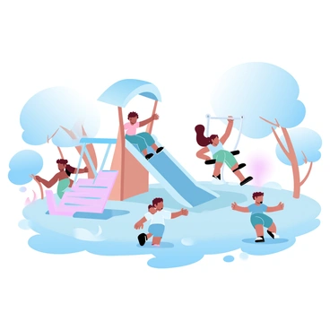 A group of children is playing energetically on a vibrant playground. There are two children sliding down a colorful slide while another child swings joyfully on a swing set. One child is climbing on a climbing frame, and a couple of others are playing tag around the playground equipment. The ground is covered with soft grass, and there are trees in the background providing shade. Colorful benches are scattered around, creating a lively atmosphere filled with laughter and fun.