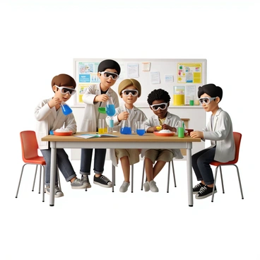 A group of four children in a school lab, two boys and two girls, all wearing safety goggles and lab coats. One boy with short brown hair pours a bright blue liquid from a beaker into a clear plastic cup. A girl with curly black hair is carefully adding a few drops of yellow liquid from a dropper into a small bowl filled with white powder. The second boy, with straight black hair, is observing the reaction with wide eyes, while the other girl, who has long blonde hair, is taking notes in a colorful notebook. The lab table is cluttered with various beakers, test tubes, and colorful materials. Bright posters depicting scientific concepts are visible on the lab walls.