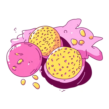 A close-up view of pollen grains displaying intricate surface textures. The grains are shown in vibrant detail, revealing their unique shapes and patterns. Some grains are round, while others are slightly elongated. Each pollen grain's surface is covered with tiny bumps and ridges, creating an organic, textured appearance. The background is softly blurred to emphasize the pollen grains in the foreground.