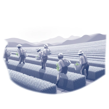 Several workers are carefully picking fresh tea leaves in a lush tea garden. The workers are dressed in traditional clothing, with baskets strapped to their backs to collect the leaves. They are surrounded by rows of neatly trimmed tea bushes, which stretch into the background. The landscape is shrouded in a light mist, creating a soft, muted atmosphere that envelops the garden. In the distance, rolling hills can be seen, further enhancing the tranquil setting of this tea-growing region. The overall scene emphasizes the connection between the workers and the natural environment, highlighting their labor in this serene landscape.