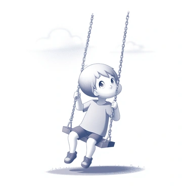 A young child sitting on a swing. The child has short hair and is wearing a simple t-shirt and shorts. The swing is hanging from strong chains, swaying slightly. The child is gazing upwards with a thoughtful expression, eyes wide and slightly squinted, as if pondering the clouds above. The background features a few wispy clouds in the sky, and the ground is covered with soft grass. The swing is positioned in a playground setting, with a sense of peaceful solitude around the child.