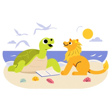A Mock Turtle with a greenish-brown shell is sitting on a sandy beach, animatedly telling a story. It has big, expressive eyes and a wide smile, conveying excitement. Beside it, a Gryphon with golden feathers and a lion's body is listening intently, its head tilted in curiosity. The sea is depicted in the background with gentle waves lapping against the shore. Seagulls are flying overhead, and a bright sun is shining in a clear blue sky. A few colorful seashells are scattered on the sand around them, adding to the cheerful atmosphere.