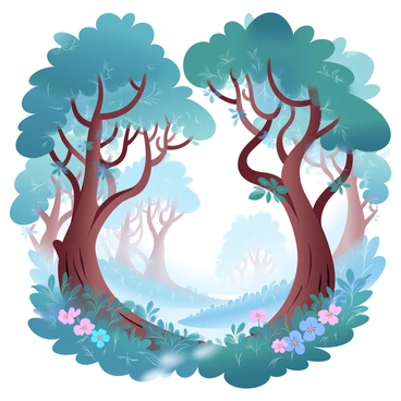 A dense forest filled with tall trees that have swirling, intricate branches resembling those in art nouveau. The trees are covered in lush, green leaves with hints of vibrant colors. Light filters through the canopy, creating patterns on the forest floor. Among the trees, there are clusters of colorful wildflowers blooming, adding to the enchanting atmosphere. A soft mist hangs in the air, enhancing the mystical quality of the scene. In the background, additional layers of trees can be seen, creating depth in the forest.
