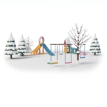 An empty playground, featuring a set of swings gently swaying in the cold wind. The swings are made of brightly colored plastic, contrasting with the pristine white snow blanketing the ground. Snow-covered slides and climbing structures are visible in the background, their vibrant colors muted under the winter coat. Frosty trees surround the playground, with branches heavy with snow, creating a serene winter scene. The sky is overcast, casting a soft light over the entire area, highlighting the undisturbed snow.