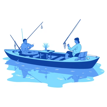 A blue canal barge is gently floating on the water, with several fishing rods leaning against the side. The barge is adorned with an array of fishing nets hanging over the edge, catching the sunlight. On the barge, two people are seated, displaying calm expressions as they patiently wait for their catch. One person is holding a fishing rod, while the other is preparing bait on a small table set up on the barge. The surrounding water reflects the peaceful scene, creating a sense of tranquility.