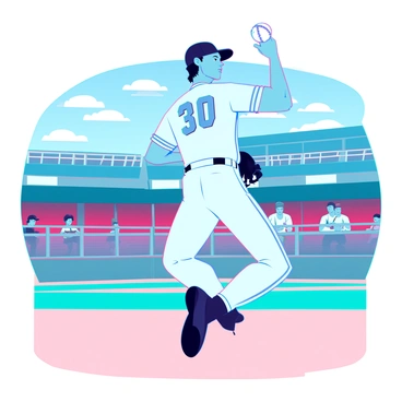 A baseball pitcher with a muscular build and short hair is in the middle of a wind-up, preparing to throw a fastball. He is wearing a white jersey with blue stripes, matching pants, and a fitted cap. The pitcher has a focused expression on his face, with one leg raised and arms positioned back, ready to release the ball. In the background, a vibrant baseball field is visible with a bright blue sky overhead. The pitcher is surrounded by a few spectators in the stands, eagerly watching the game.