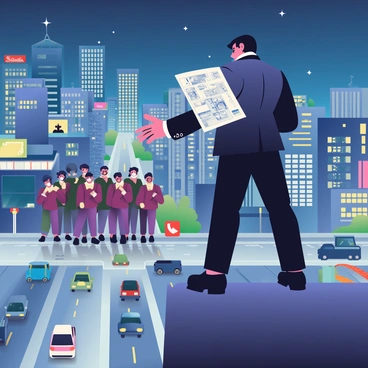 A sinister ringleader with dark hair and a sharp suit is standing on a rooftop, overlooking a bustling city at night. The city is filled with tall buildings illuminated by bright lights and neon signs. The ringleader is holding a detailed blueprint in one hand, while the other hand is gesturing toward a group of masked accomplices gathered behind him. Below, cars and pedestrians move quickly along the busy streets, creating a sense of urgency. The sky is filled with a deep blue hue, dotted with a scattering of stars.