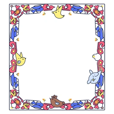 An illustration board featuring a decorative border inspired by medieval tapestries. The border displays intricate patterns with floral motifs and geometric shapes. Rich colors such as deep reds, blues, and golds are used throughout the design. Small animals like birds and rabbits are interspersed among the patterns, adding a whimsical touch. The central area of the illustration board remains blank for further use or decoration.