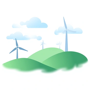 A landscape featuring green hills that rise gently into the distance. Several wind turbines are positioned atop the hills, with their blades spinning actively. The sky above is bright blue, dotted with a few fluffy white clouds. The scene conveys a sense of openness and tranquility, highlighted by the vibrant greenery of the hills.