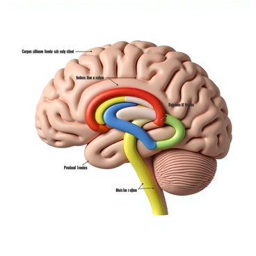 A detailed diagram displaying the major nerve pathways in the human brain. The brain is shown in a three-dimensional perspective, highlighting key structures, including the cerebrum, cerebellum, and brainstem. The nerve pathways are depicted in vibrant colors for clarity, with arrows indicating the direction of signal transmission. Each major pathway is labeled with descriptive names, including "corpus callosum," "optic nerve," and "spinal cord connections." Additionally, anatomical features like sulci and gyri are illustrated to provide context to the brain's surface structure. This diagram serves as an educational resource for understanding the complexity of the human nervous system.