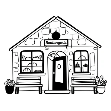 A small village boulangerie with a charming wooden sign and flower pots