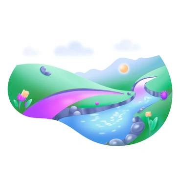 A landscape featuring two rivers flowing side by side. The first river contains clear, shimmering water that reflects the sunlight. The second river glows with a soft, radiant light, casting a gentle illumination over the surroundings. The banks of both rivers are adorned with lush greenery and colorful flowers, enhancing the vibrant atmosphere. Small rocks and pebbles can be seen along the edges of the water river, while the light river sparkles with ethereal hues.