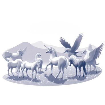 An assortment of mythical creatures is gathered in a meadow. There are several unicorns, each with a spiraled horn and flowing mane, standing gracefully on the lush grass. Among them, a group of griffins showcases their powerful bodies and large wings, their sharp beaks and keen eyes surveying the surroundings. The creatures are positioned in a lively manner, some interacting with each other while others graze peacefully. The meadow is dotted with various wildflowers and has a backdrop of gently rolling hills under a clear sky.