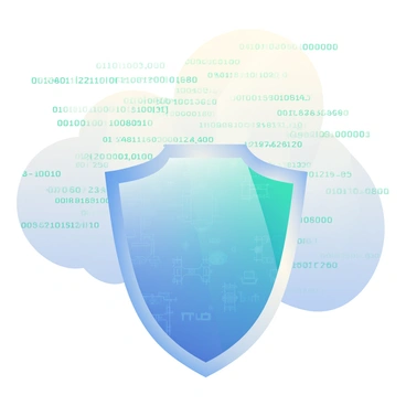 A digital shield protecting a cloud filled with binary code and data streams