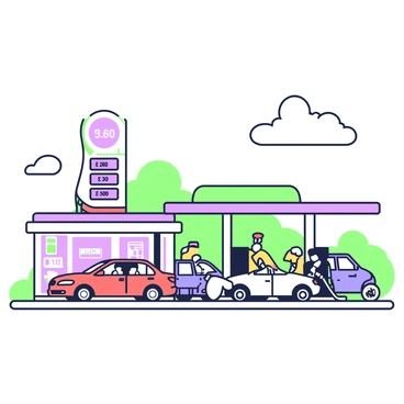 A busy gas station is filled with several cars lined up at the fuel pumps. On the left, a red sedan is waiting in line, with its driver visible through the window. Next to it, a blue SUV is parked, and its occupants are seen chatting outside. In the background, a yellow sports car is being fueled while a motorcycle is parked nearby. The gas station has a large sign displaying prices in a prominent position. The sky above is clear, indicating a sunny day, and there are a few fluffy clouds visible. In the foreground, a small convenience store attached to the gas station shows various drinks and snacks in the window.