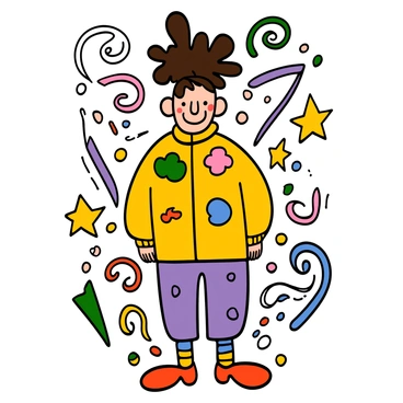 A quirky character with light skin and wild, colorful hair stands confidently. The character is wearing a bright yellow oversized jacket with patches of various shapes, paired with purple polka dot pants. They have on mismatched socks and bright red shoes. The background is filled with vibrant, swirling patterns and geometric shapes in various colors, adding an energetic and playful atmosphere to the scene.