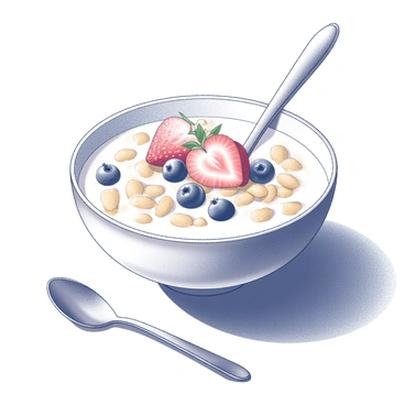 A bowl filled with cereal sits prominently on a breakfast table. The cereal is engulfed in white milk, creating a contrast with the grains. Fresh fruits including slices of strawberries and blueberries are artfully arranged on top of the cereal, adding texture and interest. The table is set in a well-lit area, suggesting sunlight streaming in, illuminating the scene and casting soft shadows. Simple utensils, such as a spoon resting beside the bowl, complete the setting, emphasizing a casual yet inviting breakfast atmosphere.