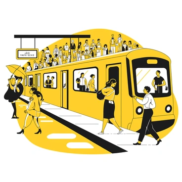 A crowded metro station filled with numerous commuters in motion. People are walking briskly along the platform, some checking their watches. A variety of bags and briefcases are being carried. A train is approaching the platform, with its doors open for passengers. The overhead signs display train schedules in clear text. A woman with a yellow umbrella stands waiting near the edge of the platform, while a man wearing headphones is looking at his phone. The scene captures the sense of urgency and activity typical of a busy transit hub.